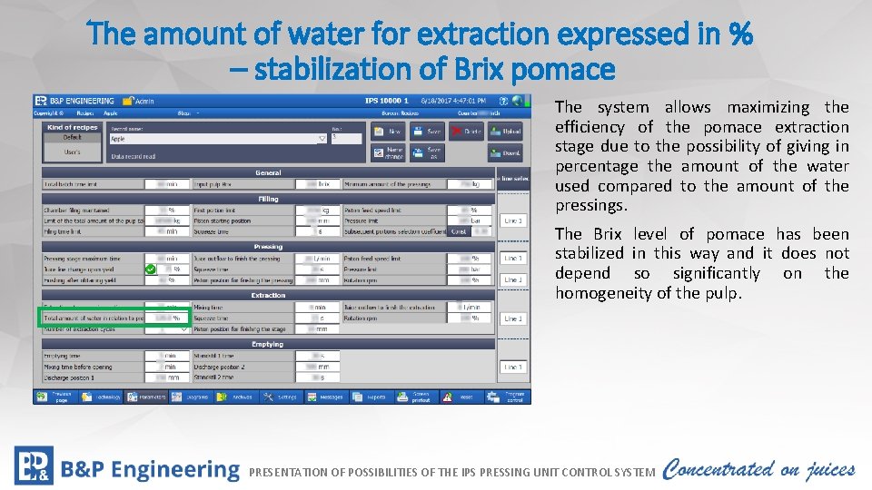 The amount of water for extraction expressed in % – stabilization of Brix pomace