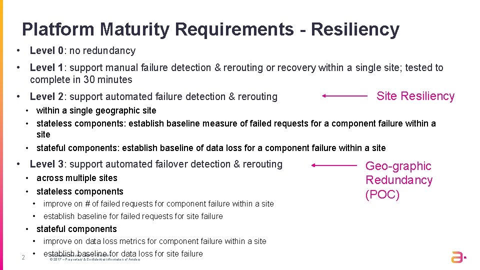 Platform Maturity Requirements - Resiliency • Level 0: no redundancy • Level 1: support
