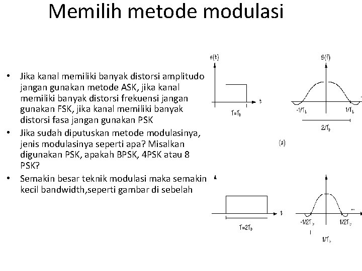 Memilih metode modulasi • Jika kanal memiliki banyak distorsi amplitudo jangan gunakan metode ASK,