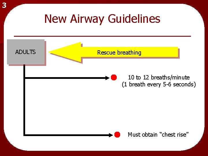 3 New Airway Guidelines ADULTS Rescue breathing 10 to 12 breaths/minute (1 breath every