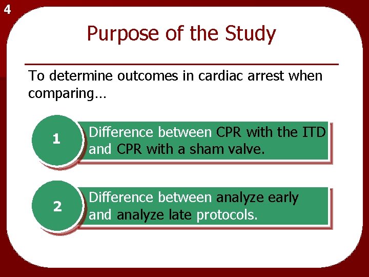 4 Purpose of the Study To determine outcomes in cardiac arrest when comparing… 1