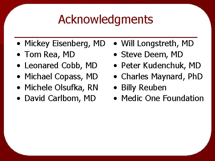 Acknowledgments • • • Mickey Eisenberg, MD Tom Rea, MD Leonared Cobb, MD Michael