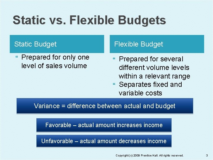 Static vs. Flexible Budgets Static Budget Prepared for only one level of sales volume