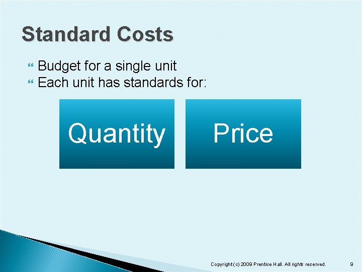 Standard Costs Budget for a single unit Each unit has standards for: Quantity Price