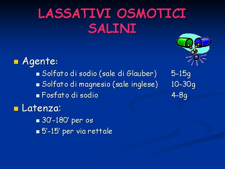 LASSATIVI OSMOTICI SALINI n Agente: n Solfato di sodio (sale di Glauber) n Solfato
