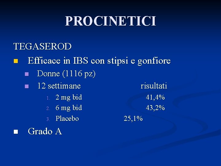 PROCINETICI TEGASEROD n Efficace in IBS con stipsi e gonfiore n n Donne (1116