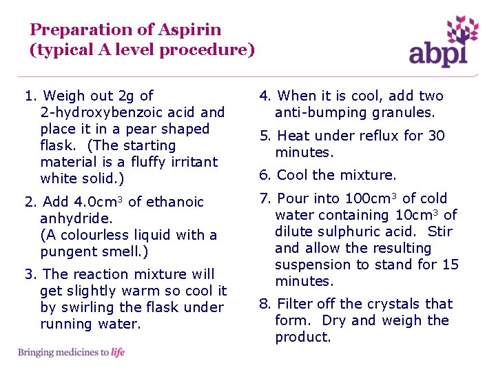Preparation of Aspirin (typical A level procedure) 1. Weigh out 2 g of 2