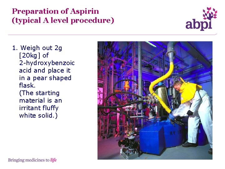 Preparation of Aspirin (typical A level procedure) 1. Weigh out 2 g [20 kg]