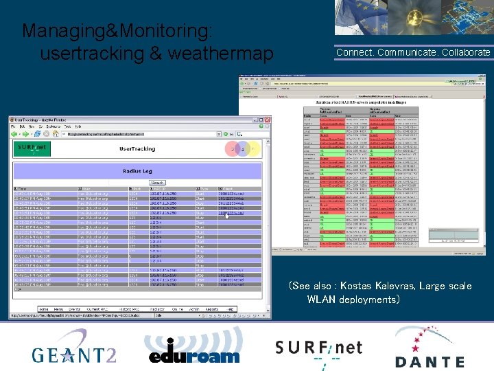 Managing&Monitoring: usertracking & weathermap Connect. Communicate. Collaborate (See also : Kostas Kalevras, Large scale