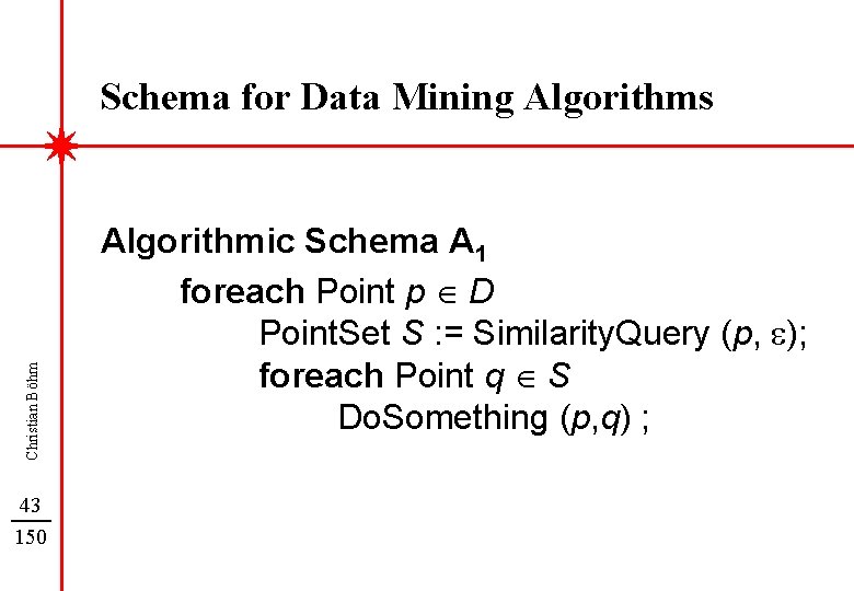 Christian Böhm Schema for Data Mining Algorithms 43 150 Algorithmic Schema A 1 foreach