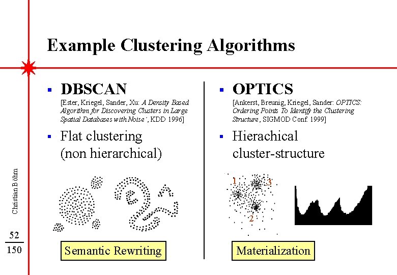 Example Clustering Algorithms § DBSCAN § [Ester, Kriegel, Sander, Xu: A Density Based Algorithm