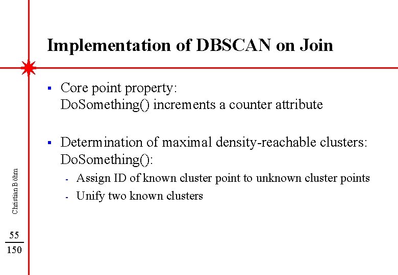 Christian Böhm Implementation of DBSCAN on Join 55 150 § Core point property: Do.