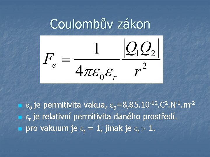 Coulombův zákon n 0 je permitivita vakua, 0=8, 85. 10 -12. C 2. N-1.