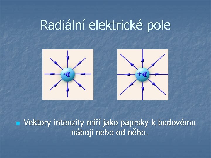 Radiální elektrické pole n Vektory intenzity míří jako paprsky k bodovému náboji nebo od