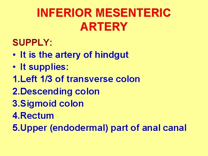 INFERIOR MESENTERIC ARTERY SUPPLY: • It is the artery of hindgut • It supplies: