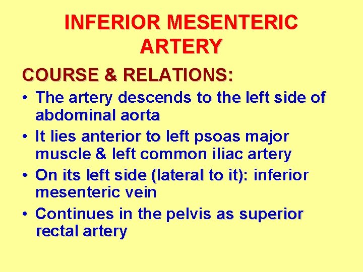 INFERIOR MESENTERIC ARTERY COURSE & RELATIONS: • The artery descends to the left side