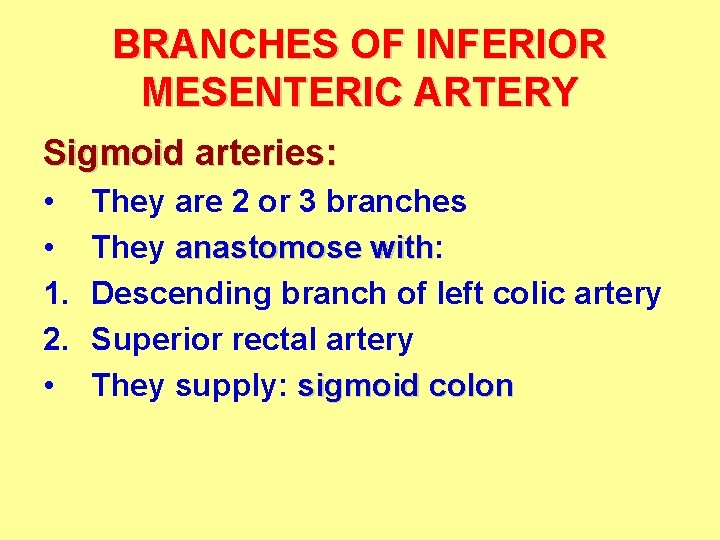 BRANCHES OF INFERIOR MESENTERIC ARTERY Sigmoid arteries: • • 1. 2. • They are