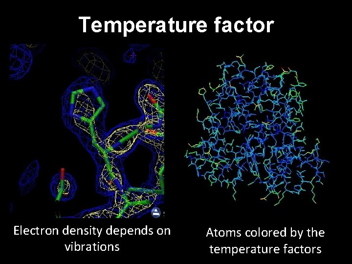 Temperature factor Electron density depends on vibrations Atoms colored by the temperature factors 