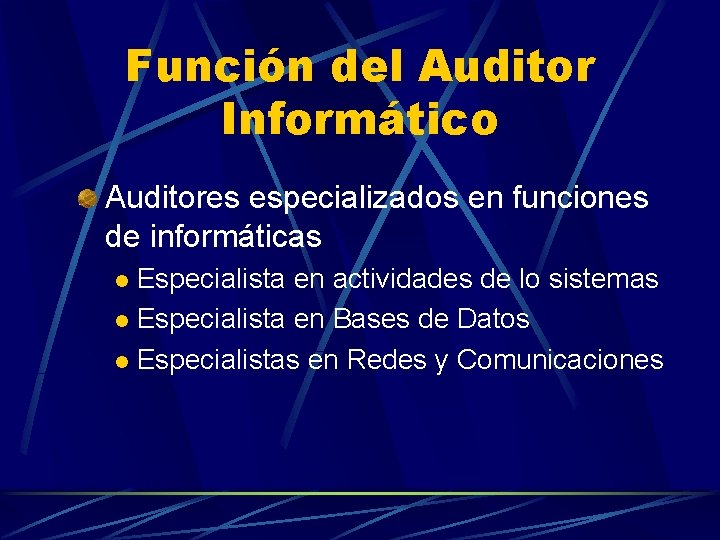 Función del Auditor Informático Auditores especializados en funciones de informáticas Especialista en actividades de