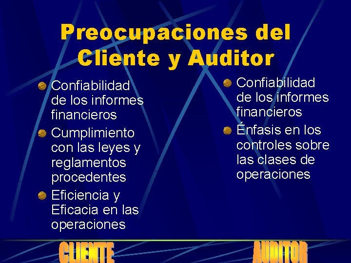 Preocupaciones del Cliente y Auditor Confiabilidad de los informes financieros Cumplimiento con las leyes