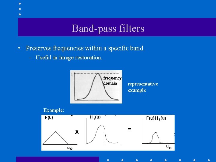 Band-pass filters • Preserves frequencies within a specific band. – Useful in image restoration.