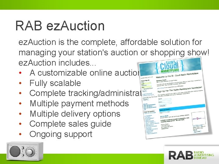 RAB ez. Auction is the complete, affordable solution for managing your station's auction or