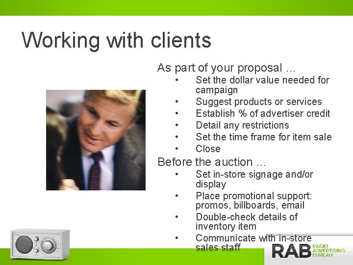 Working with clients As part of your proposal … • • • Set the