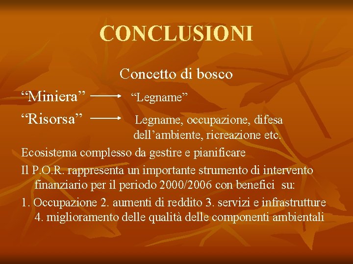 CONCLUSIONI Concetto di bosco “Miniera” “Risorsa” “Legname” Legname, occupazione, difesa dell’ambiente, ricreazione etc. Ecosistema