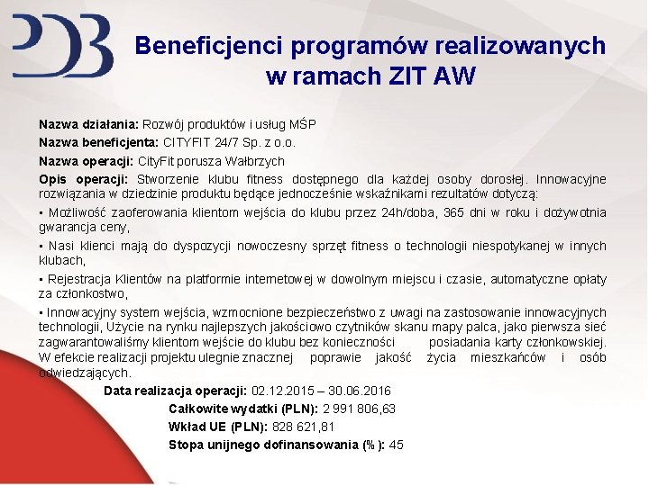 Beneficjenci programów realizowanych w ramach ZIT AW Nazwa działania: Rozwój produktów i usług MŚP