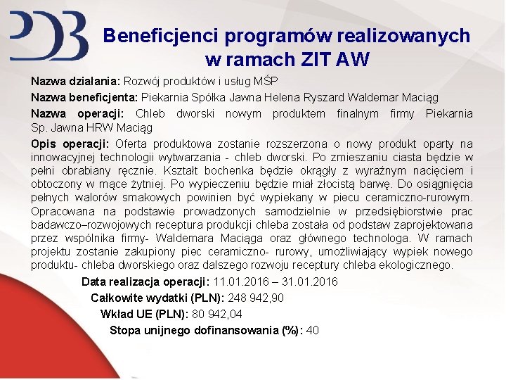 Beneficjenci programów realizowanych w ramach ZIT AW Nazwa działania: Rozwój produktów i usług MŚP