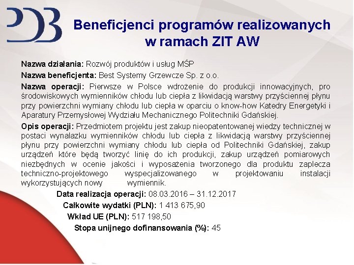 Beneficjenci programów realizowanych w ramach ZIT AW Nazwa działania: Rozwój produktów i usług MŚP