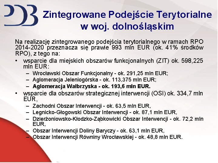 Zintegrowane Podejście Terytorialne w woj. dolnośląskim Na realizację zintegrowanego podejścia terytorialnego w ramach RPO