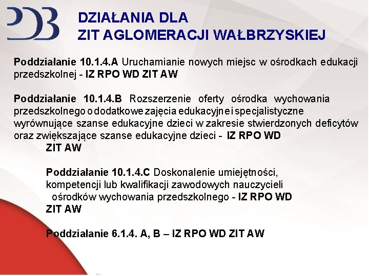 DZIAŁANIA DLA ZIT AGLOMERACJI WAŁBRZYSKIEJ Poddziałanie 10. 1. 4. A Uruchamianie nowych miejsc w