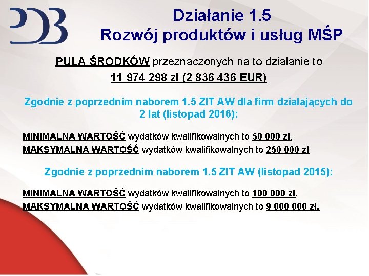 Działanie 1. 5 Rozwój produktów i usług MŚP PULA ŚRODKÓW przeznaczonych na to działanie