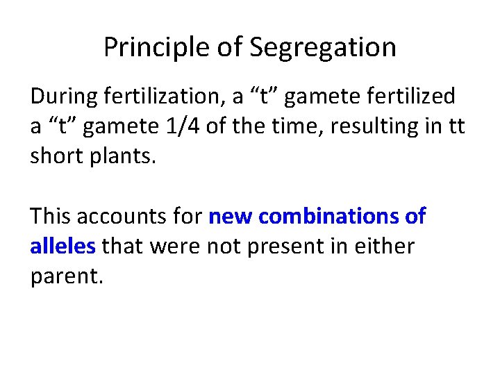 Principle of Segregation During fertilization, a “t” gamete fertilized a “t” gamete 1/4 of