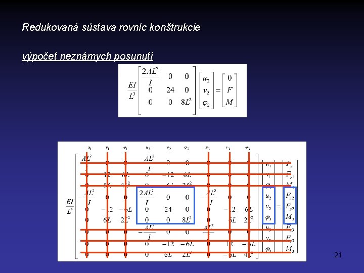 Redukovaná sústava rovníc konštrukcie výpočet neznámych posunutí 21 