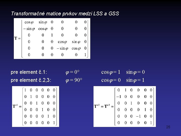 Transformačné matice prvkov medzi LSS a GSS pre element č. 1: pre element č.
