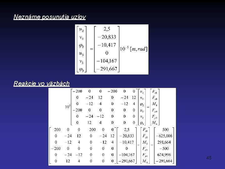 Neznáme posunutia uzlov Reakcie vo väzbách 45 