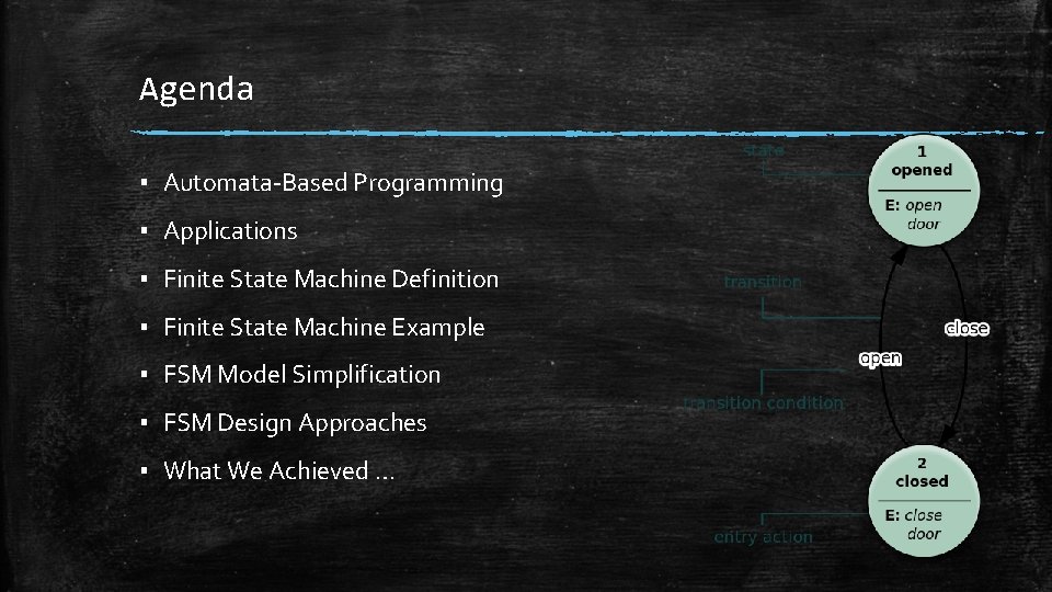 Agenda ▪ Automata-Based Programming ▪ Applications ▪ Finite State Machine Definition ▪ Finite State Agenda ▪ Automata-Based Programming ▪ Applications ▪ Finite State Machine Definition ▪ Finite State