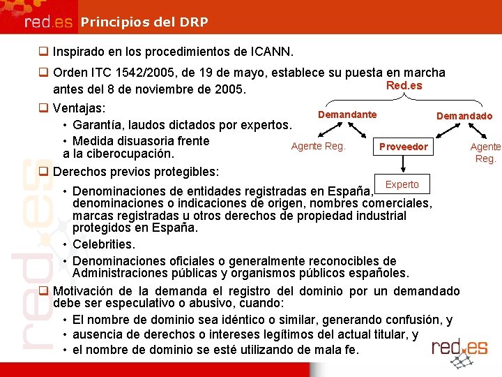 Principios del DRP q Inspirado en los procedimientos de ICANN. q Orden ITC 1542/2005,