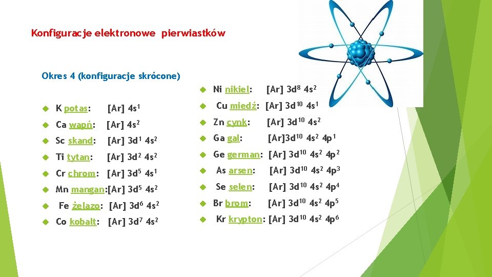 Konfiguracje elektronowe pierwiastków Okres 4 (konfiguracje skrócone) Ni nikiel: [Ar] 3 d 8 4