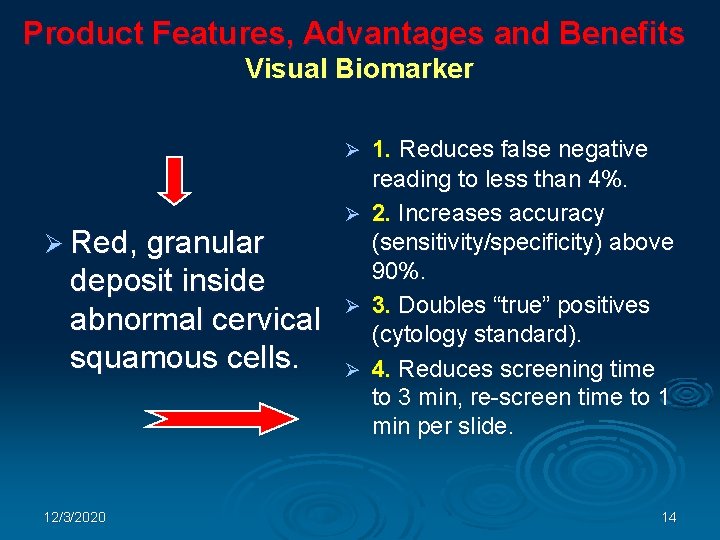 Product Features, Advantages and Benefits Visual Biomarker 1. Reduces false negative reading to less