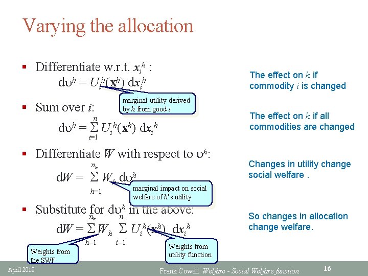 Varying the allocation § Differentiate w. r. t. xih : duh = Uih(xh) dxih