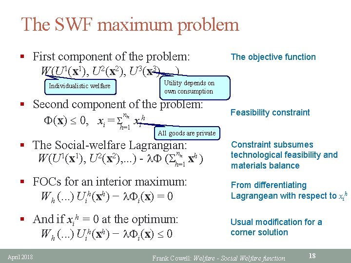 The SWF maximum problem § First component of the problem: W(U 1(x 1), U