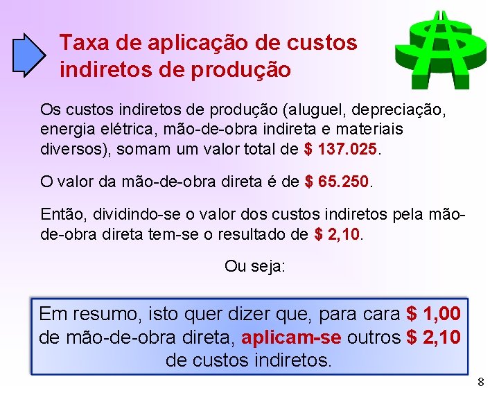 Taxa de aplicação de custos indiretos de produção Os custos indiretos de produção (aluguel,