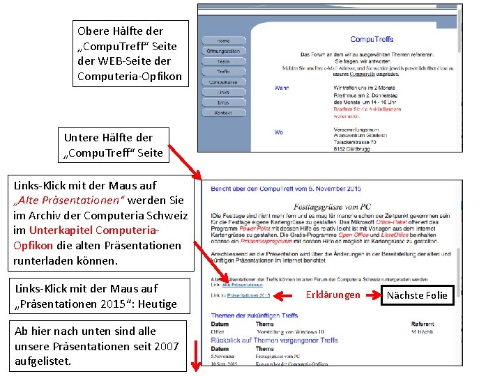 Obere Hälfte der „Compu. Treff“ Seite der WEB-Seite der Computeria-Opfikon Untere Hälfte der „Compu.