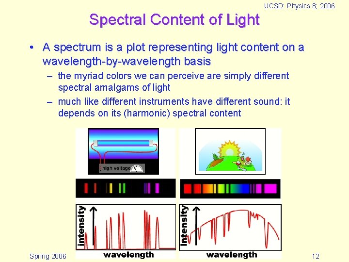 UCSD: Physics 8; 2006 Spectral Content of Light • A spectrum is a plot