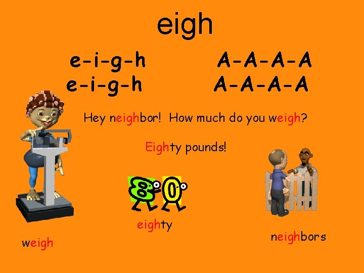 eigh e-i-g-h A-A-A-A Hey neighbor! How much do you weigh? Eighty pounds! eighty weigh