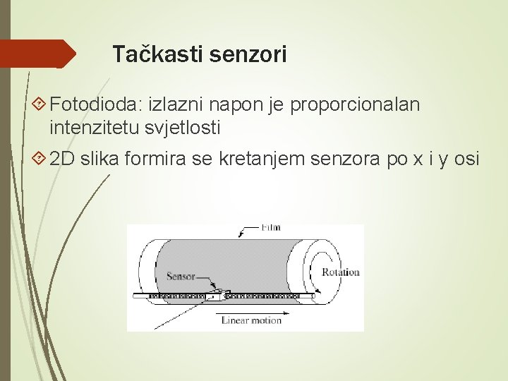 Tačkasti senzori Fotodioda: izlazni napon je proporcionalan intenzitetu svjetlosti 2 D slika formira se