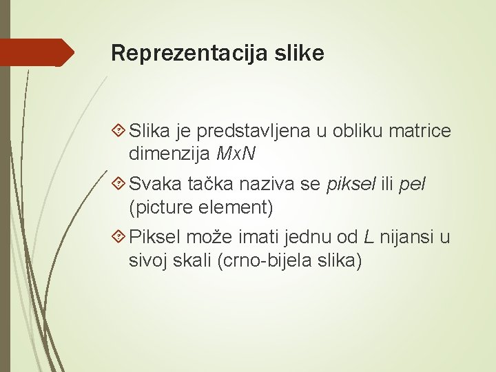 Reprezentacija slike Slika je predstavljena u obliku matrice dimenzija Mx. N Svaka tačka naziva